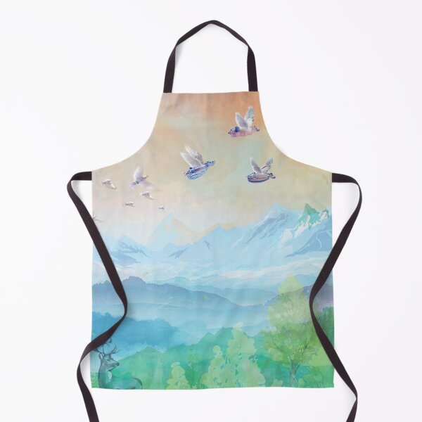 Item preview, Three flying hurdy-gurdies in an orange-pink sky above a landscape of mountains and forest with a deer and doves. designed and sold by Zal-Production.