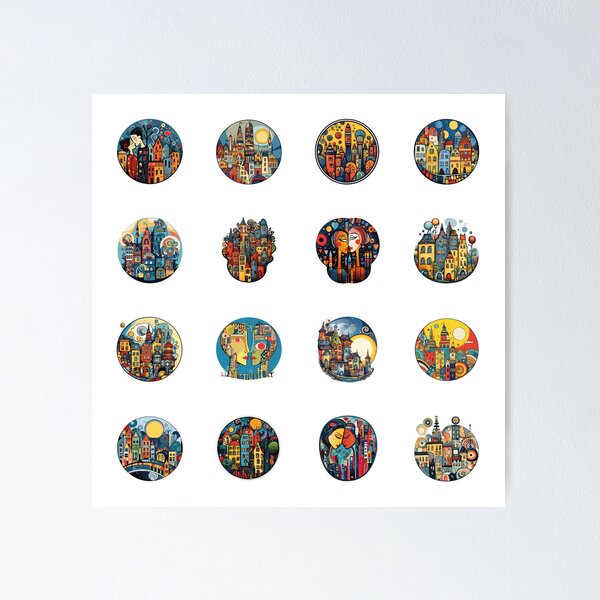 Colorful stickers in Hundertwasser style - sticker bundle, stickers - 16 pieces Poster
