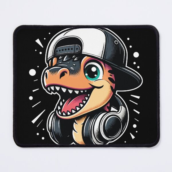 Item preview, A cute dinosaur in a cap and headphones with a toothy, cheeky grin designed and sold by Andre Gascoigne.