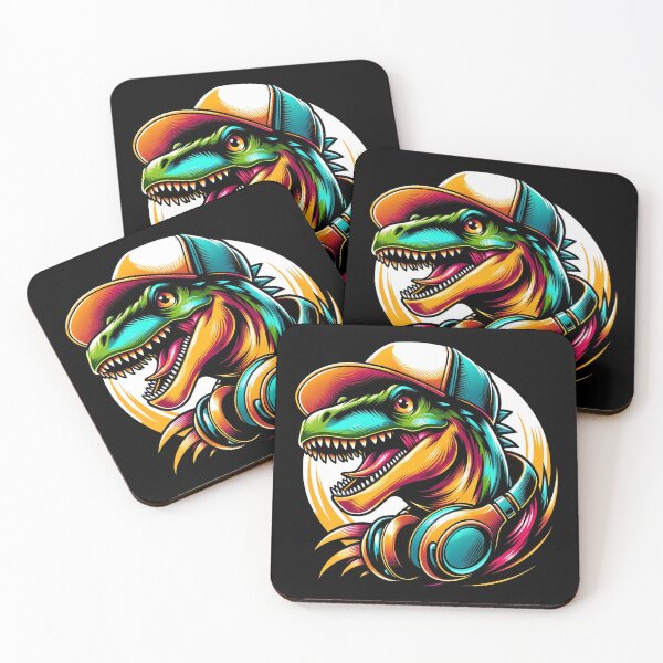 Item preview, A vibrant scary dinosaur in a cap and headphones with a toothy, cheeky grin designed and sold by Andre Gascoigne.