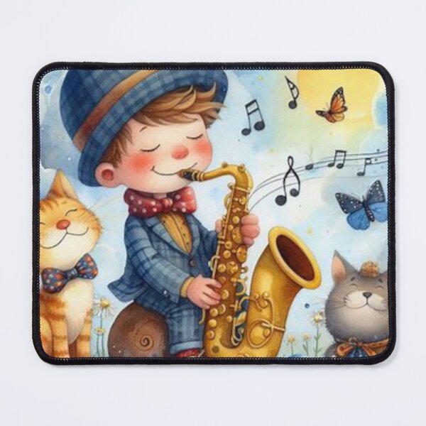 Item preview, Boy in suit playing saxophone with cats in sunny meadow designed and sold by ElegantTeaTime.