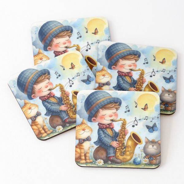 Item preview, Boy in suit playing saxophone with cats in sunny meadow designed and sold by ElegantTeaTime.
