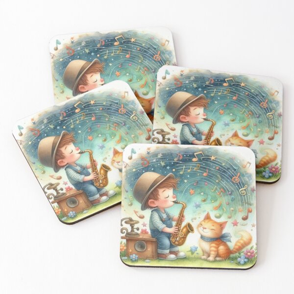 Item preview, Boy playing saxophone with orange tabby cat in twilit meadow designed and sold by ElegantTeaTime.