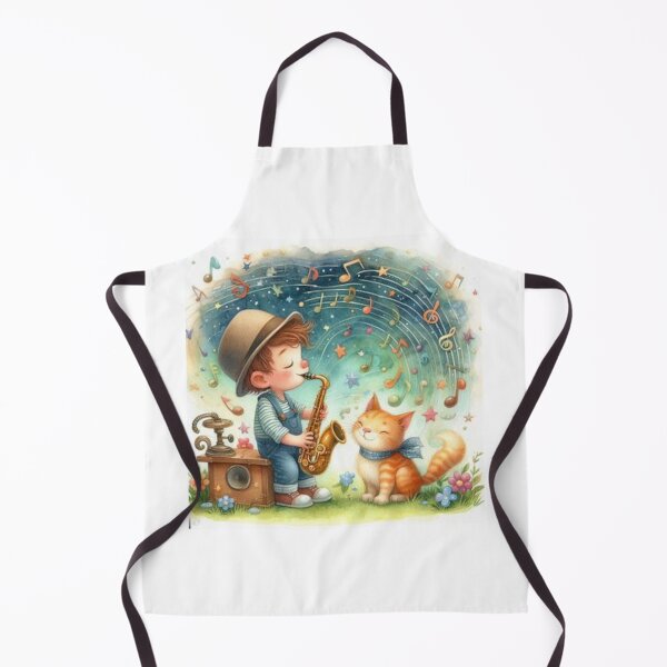 Item preview, Boy playing saxophone with orange tabby cat in twilit meadow designed and sold by ElegantTeaTime.