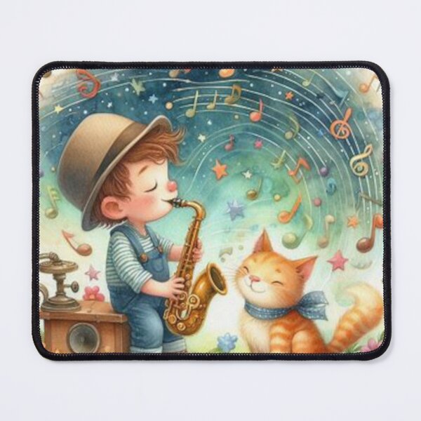 Item preview, Boy playing saxophone with orange tabby cat in twilit meadow designed and sold by ElegantTeaTime.