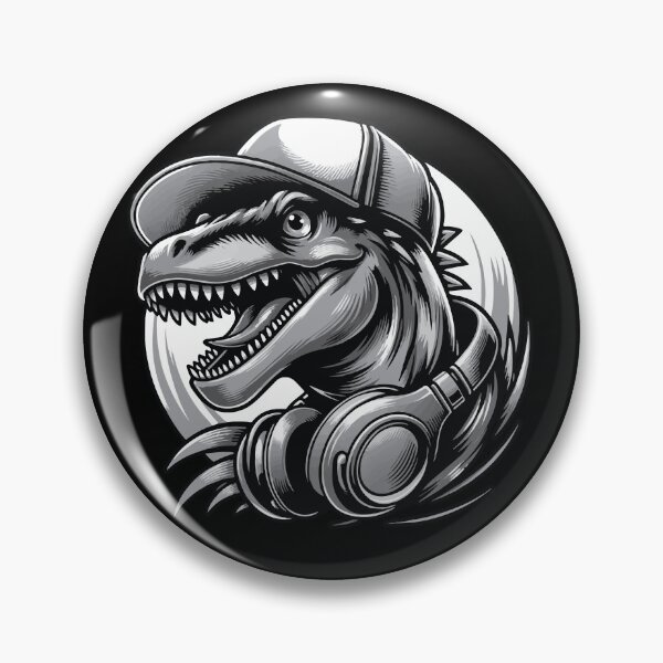 Item preview, A scary dinosaur in a cap and headphones with a toothy, cheeky grin designed and sold by Andre Gascoigne.