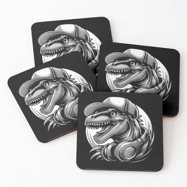 Item preview, A scary dinosaur in a cap and headphones with a toothy, cheeky grin designed and sold by Andre Gascoigne.