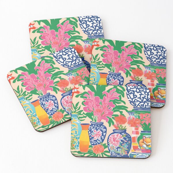 Item preview, Modern chinoiserie jars and peonies on peach background designed and sold by SophieClimaArt.