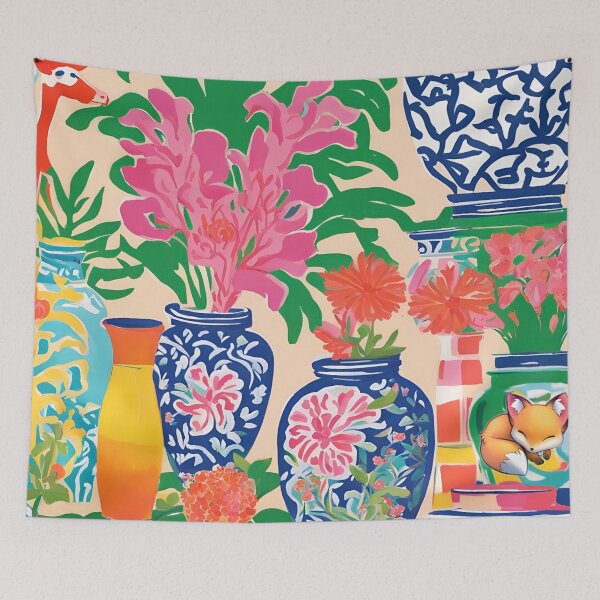 Item preview, Modern chinoiserie jars and peonies on peach background designed and sold by SophieClimaArt.