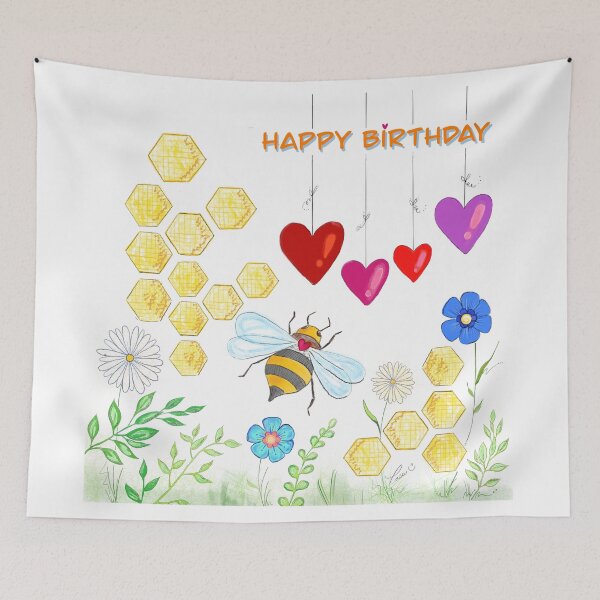 Item preview, Celebration Happy Birthday with love and bee illustration drawn by Pascale Breton designed and sold by Pascale Breton.