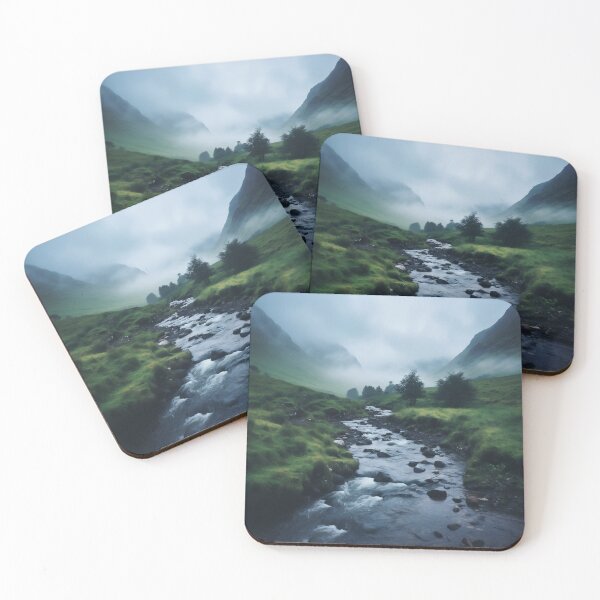 Item preview, Misty river in a green valley with mountains long exposure - Landscape photography designed and sold by TheArtistOf2022.