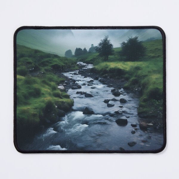 Item preview, Misty river in a green valley with mountains long exposure - Landscape photography designed and sold by TheArtistOf2022.