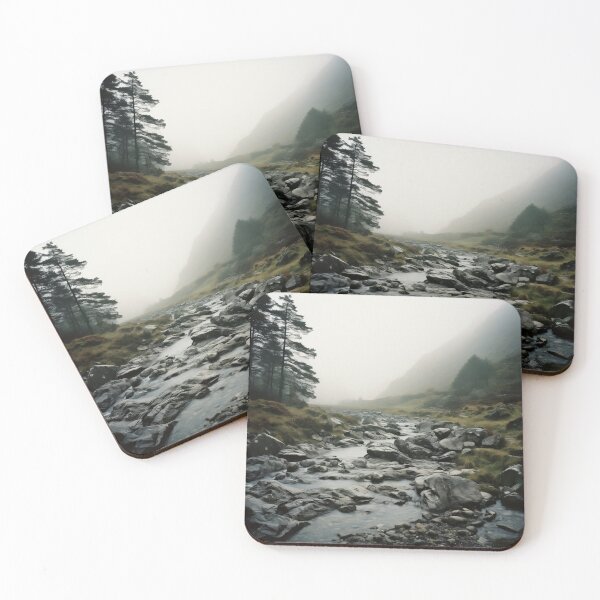 Item preview, Misty river in a green valley with mountains long exposure - Landscape photography designed and sold by TheArtistOf2022.
