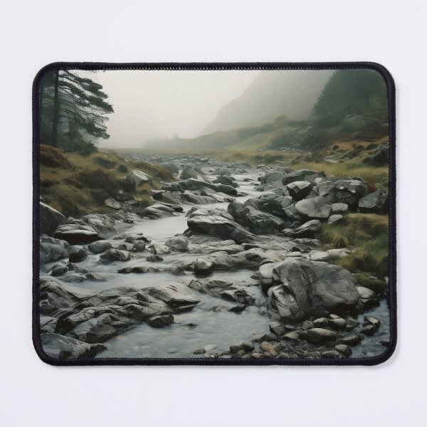 Item preview, Misty river in a green valley with mountains long exposure - Landscape photography designed and sold by TheArtistOf2022.
