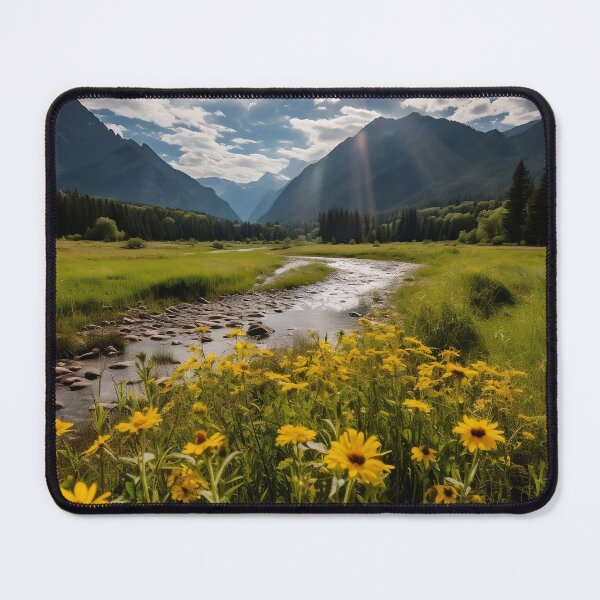 Item preview, Fields and hills of flowers with river - Landscape photography designed and sold by TheArtistOf2022.