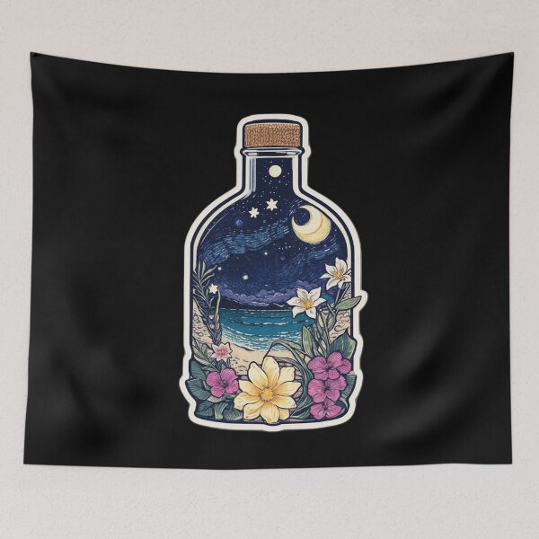 Item preview, Starry Night with Moon in a Bottle with Hawaiian Flowers designed and sold by NautiChic.