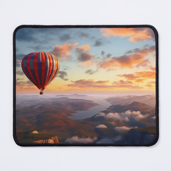 Artikelvorschau, Luftballon am Himmel, der bei Sonnenuntergang über Hügel fliegt - Landschaftsfotografie entworfen und verkauft von TheArtistOf2022.