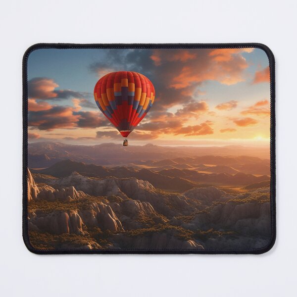 Artikelvorschau, Luftballon am Himmel, der bei Sonnenuntergang über Hügel fliegt - Landschaftsfotografie entworfen und verkauft von TheArtistOf2022.