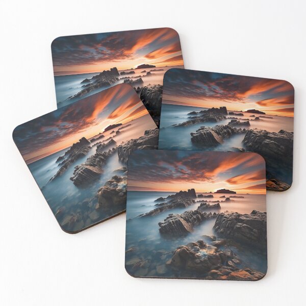 Item preview, Rocky beach at sunset in long exposure - Landscape photography designed and sold by TheArtistOf2022.