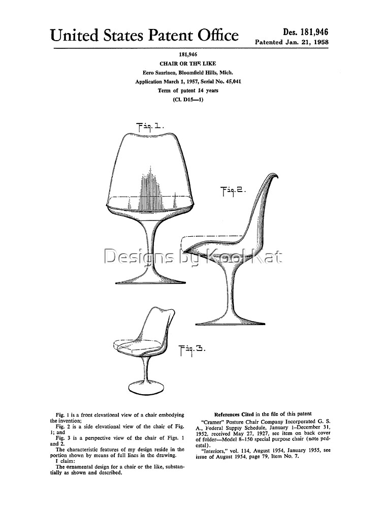 Mid Century Modern Eero Saarinen Tulip Chair Patent Design