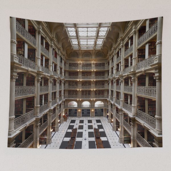 Item preview, George Peabody Library, Main Hall, interior and alcoves, Baltimore, Johns Hopkins Sheridan Libraries color photograph designed and sold by Jéanpaul  Ferro.