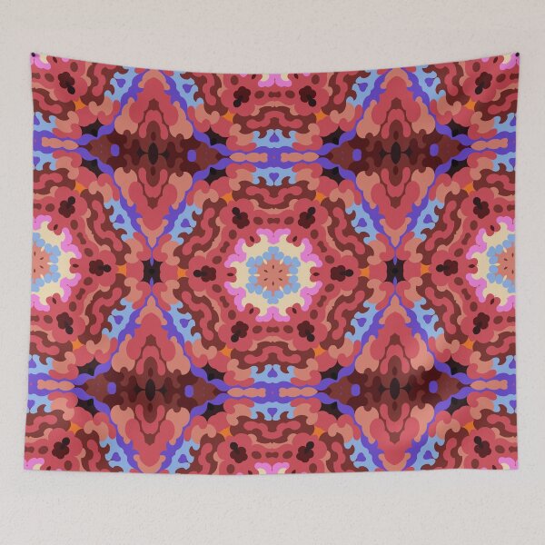 Artikelvorschau, Retro-Mandala-Blume Rot, Blau und Orange entworfen und verkauft von WormholeOrbital.