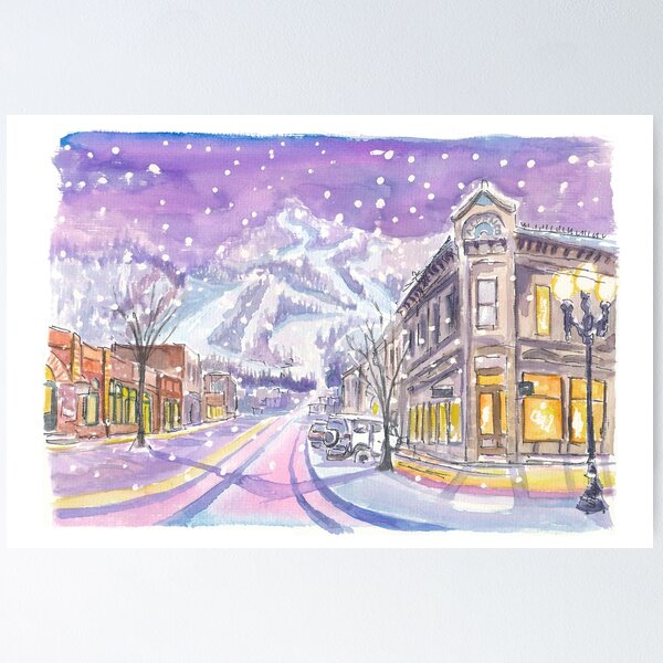 Item preview, Aspen Colorado Nightly Winter Street Scene with Snowing Mood designed and sold by artshop77.