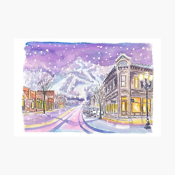 Item preview, Aspen Colorado Nightly Winter Street Scene with Snowing Mood designed and sold by artshop77.