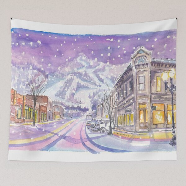 Item preview, Aspen Colorado Nightly Winter Street Scene with Snowing Mood designed and sold by artshop77.