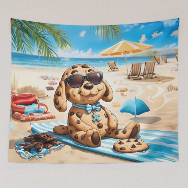 Item preview, Title: Beach Bliss - Cookie Whimsical Dog Lounging in Paradise designed and sold by RevGens.