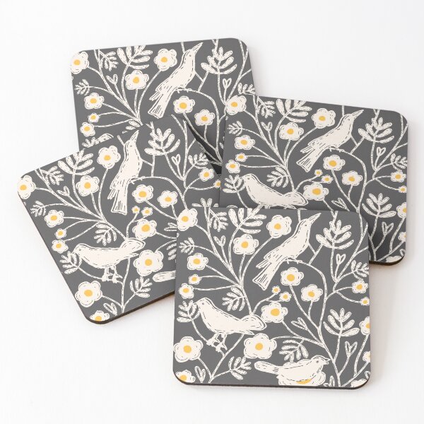 Item preview, Block Print Floral Garden Birds Charcoal designed and sold by susycosta.
