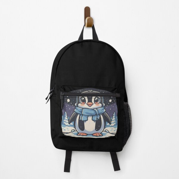 Item preview, Cute penguin in a blue scarf on the background of snow-covered trees designed and sold by AllPrintForYou.