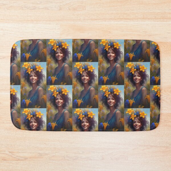 Item preview, I love flowers, face of a blooming woman wearing bright yellow lily flowers, flowery background designed and sold by Creativesphotos.