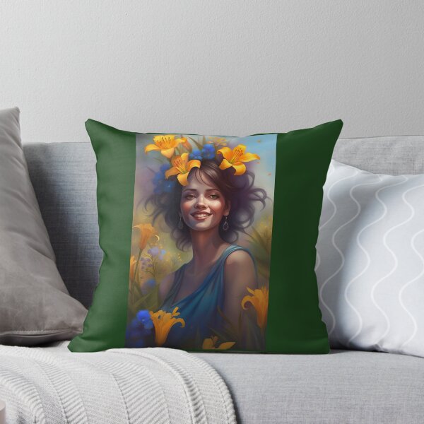 Artikelvorschau, Ich liebe Blumen, das Gesicht einer blühenden Frau, die leuchtend gelbe Lilienblüten trägt, blumiger Hintergrund entworfen und verkauft von Creativesphotos.