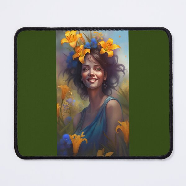 Item preview, I love flowers, face of a blooming woman wearing bright yellow lily flowers, flowery background designed and sold by Creativesphotos.