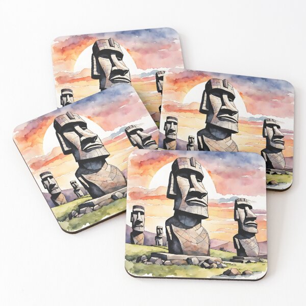Item preview, Easter Island Moai Statues at Sunset: Watercolor Highlight designed and sold by LSVart.