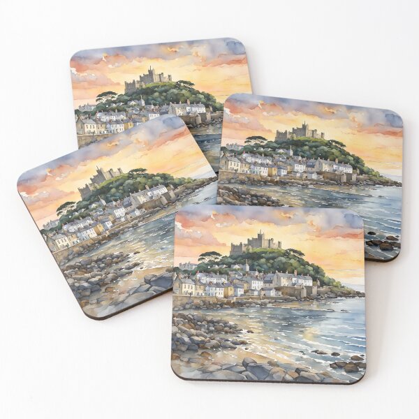 Item preview, Scenic Mousehole Sunset with St. Michael's Mount: Watercolor Dreamscape designed and sold by LSVart.
