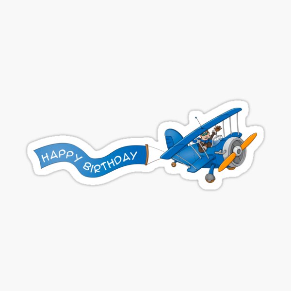 Drawing of a blue airplane with happy birthday banner Sticker