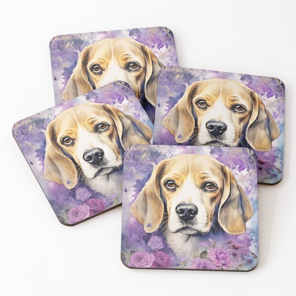 Item preview, pretty beagle dog with violet purple flowers in watercolor designed and sold by WallyPink.