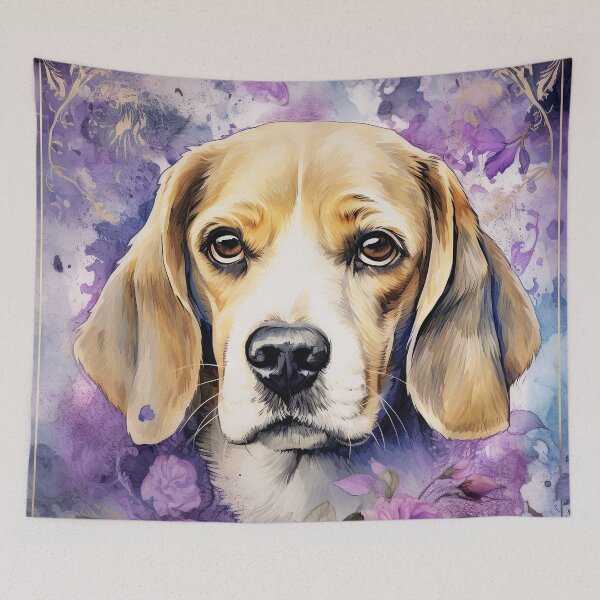 Item preview, pretty beagle dog with violet purple flowers in watercolor designed and sold by WallyPink.