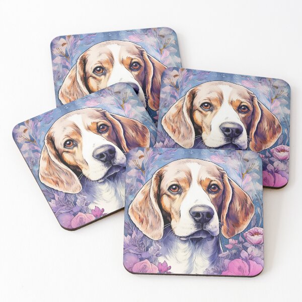 Item preview, cute beagle dog in flowers blue purple watercolor art designed and sold by WallyPink.