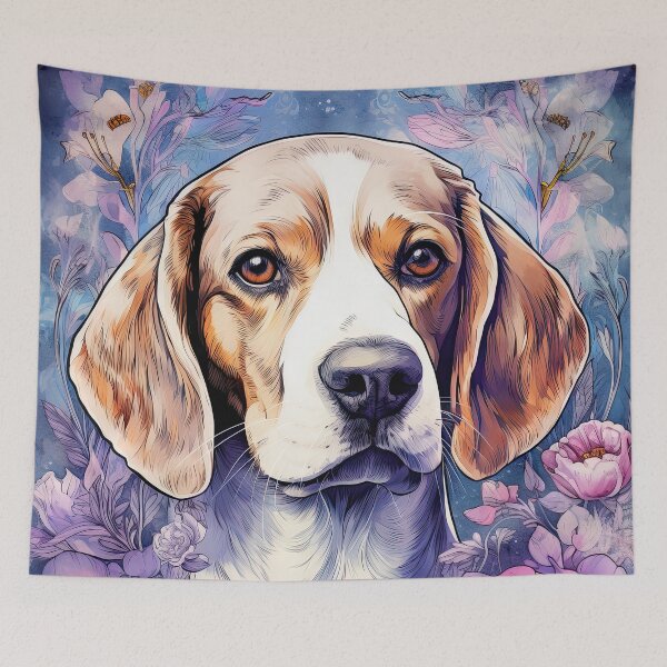 Item preview, cute beagle dog in flowers blue purple watercolor art designed and sold by WallyPink.