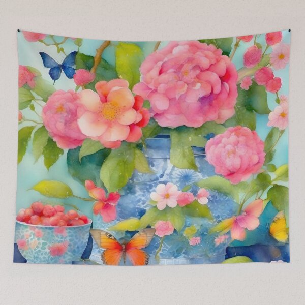 Item preview, Flowers and butterflies in chinoiserie jar watercolor painting designed and sold by SophieClimaArt.