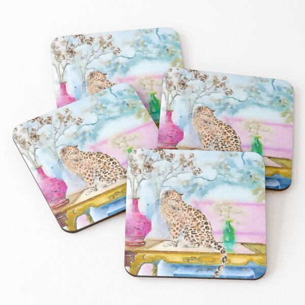 Item preview, Leopard in chinoiserie interior watercolor painting designed and sold by SophieClimaArt.
