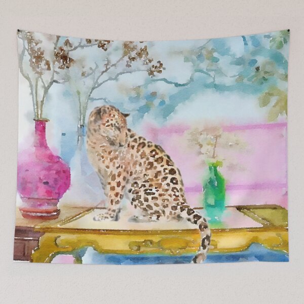 Item preview, Leopard in chinoiserie interior watercolor painting designed and sold by SophieClimaArt.