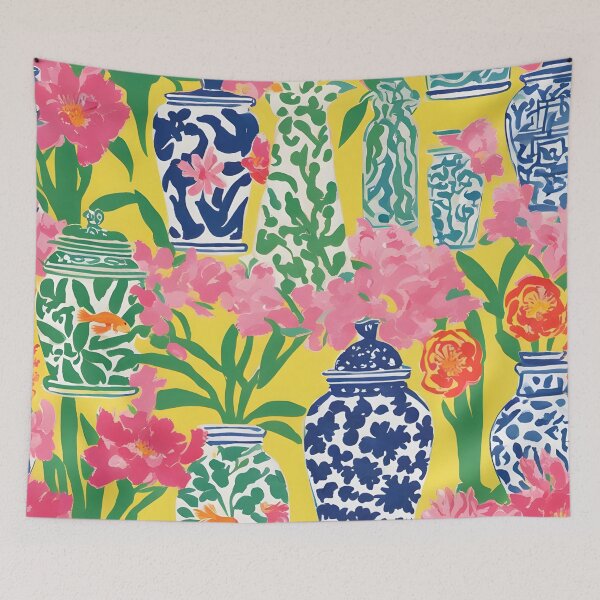 Item preview, Chinoiserie ginger jars on yellow designed and sold by SophieClimaArt.