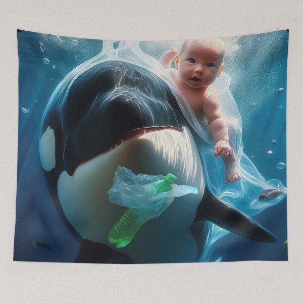 Item preview, Orca with baby in plastic waste designed and sold by Wallisart.