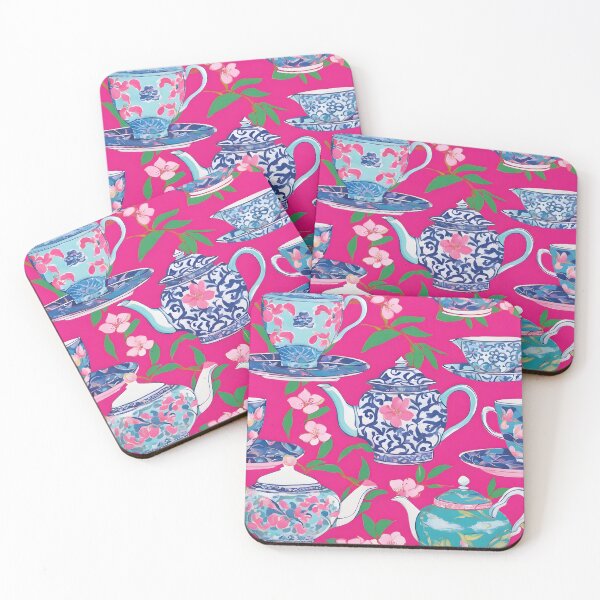 Item preview, Preppy chinoiserie tea pots and cherry blossom on hot pink designed and sold by SophieClimaArt.