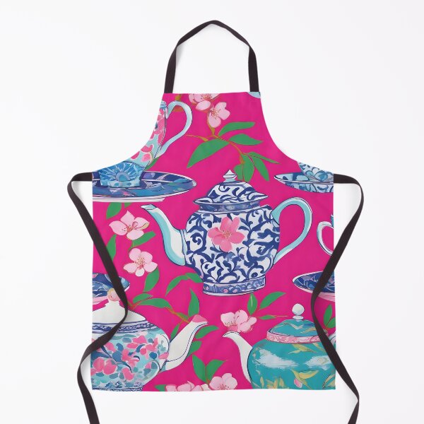 Item preview, Preppy chinoiserie tea pots and cherry blossom on hot pink designed and sold by SophieClimaArt.