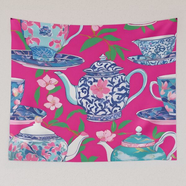 Item preview, Preppy chinoiserie tea pots and cherry blossom on hot pink designed and sold by SophieClimaArt.